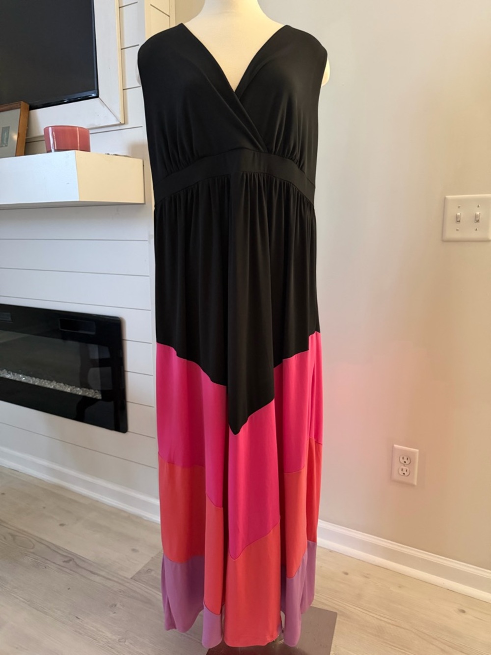 Sleeveless Black Maxi Dress with Pink, Orange & Lilac